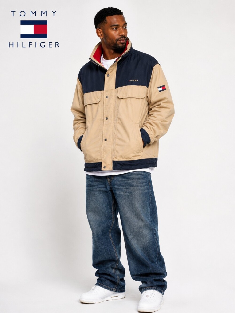 Vintage TOMMY HILFIGER Tan/Navy/Red  FLEECE LINED Men's JACKET SIZE XXL